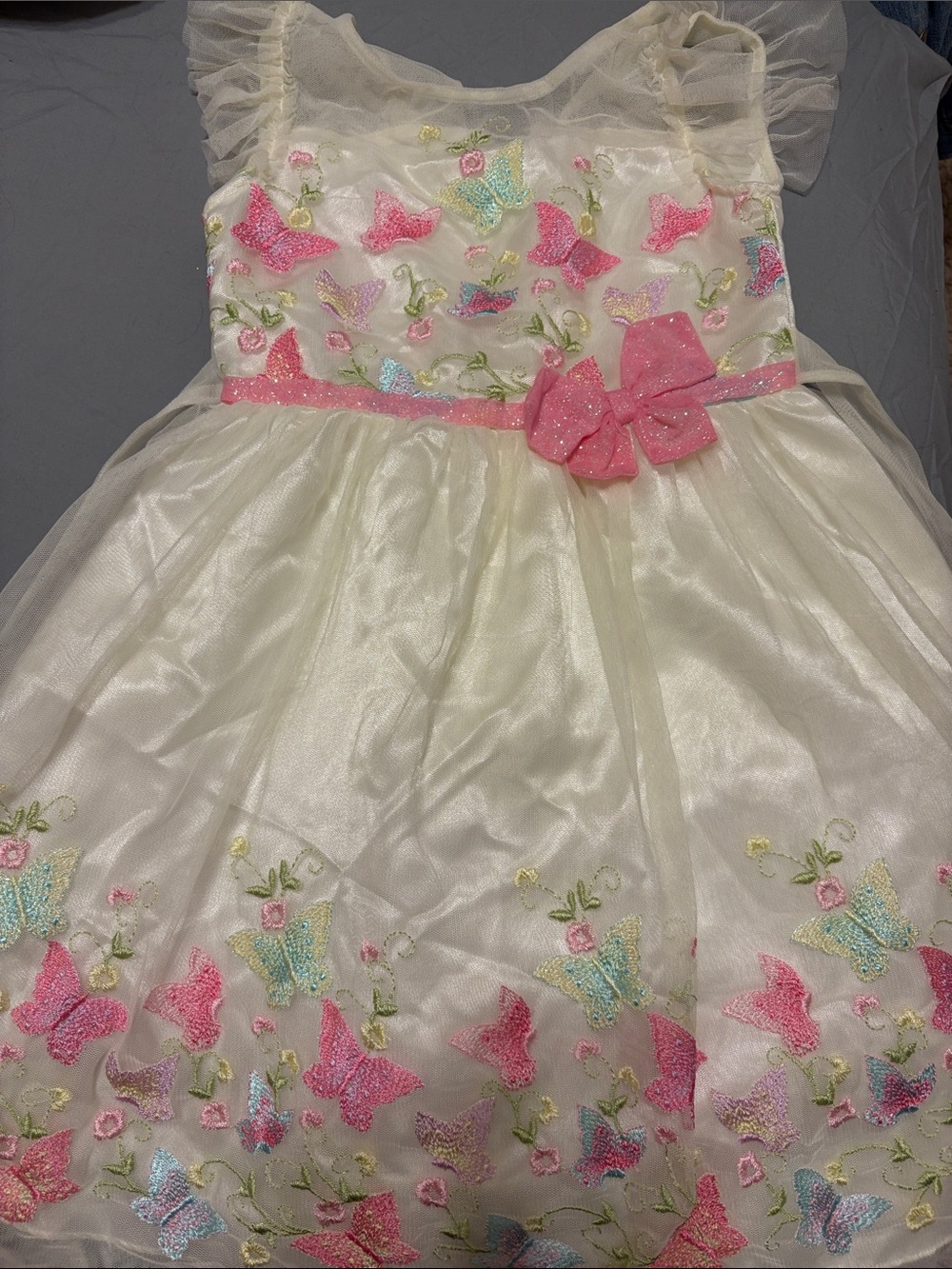 Jona Michelle Ivory Butterfly Embroidered Girls' Dress with Pink Bow